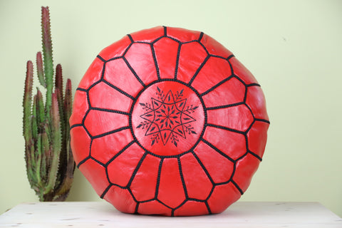 Red Leather Ottoman Pouf