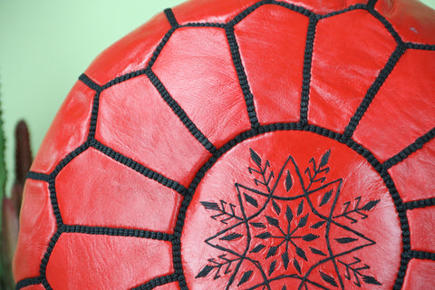 Red Leather Ottoman Pouf