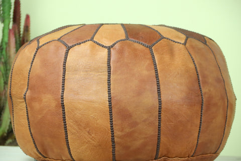 Wood Brown Leather Ottoman Pouf