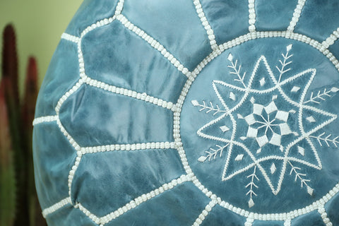 Ceramic Blue Leather Ottoman Pouf