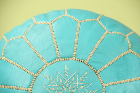 Cyan Leather Ottoman Pouf