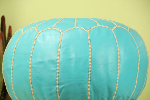 Cyan Leather Ottoman Pouf