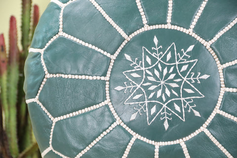 Pine Green Leather Ottoman Pouf