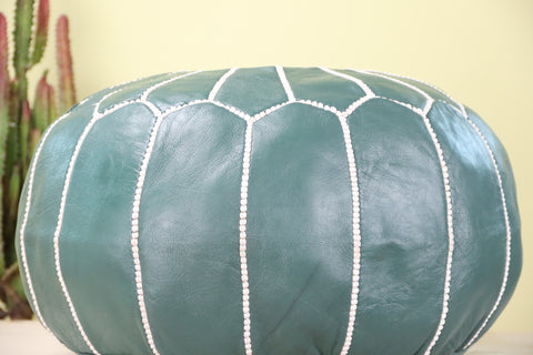 Pine Green Leather Ottoman Pouf